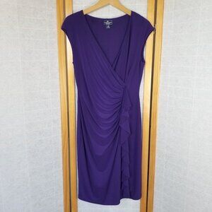 Stretch Jersey Faux Wrap Dress Size 10 Side Rouching Cap Sleeve Royal Purple